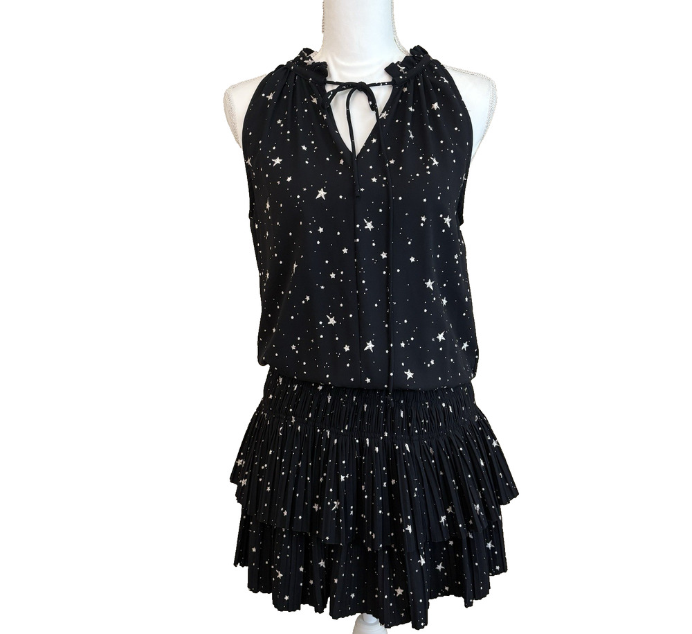 Fab'rik Black Star Print Pleated Tiered Mini Dress Smocked Waist, Size XS